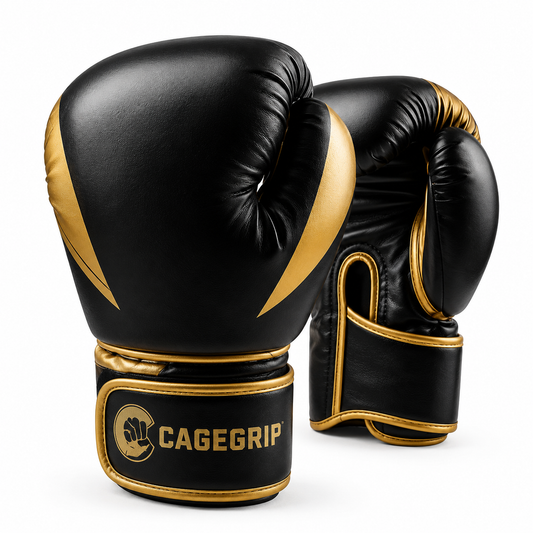 CageGrip Gold Strike Boxing Gloves – Black & Gold